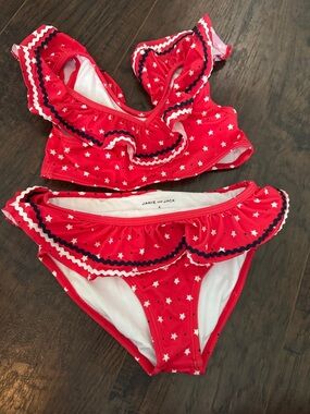 Janie and Jack Red Star Bikini Set with Navy Dot Trim